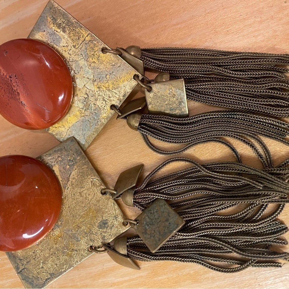 Boho Clip-On Metal Stone Earrings Gold w/ Orange - Picture 5 of 8